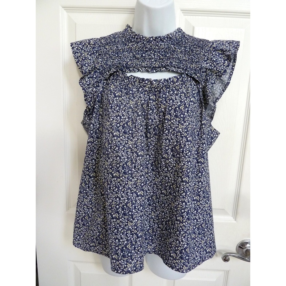 Old Navy Women Medium Blue Floral Smocked Ruffle Cutout Cottage Prairie Blouse